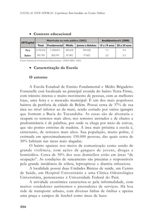 206206206206206
ESCOLAS INOVADORAS: Experiências Bem-Sucedidas em Escolas Públicas
• Contexto educacional
Fonte: Sistema de Estatísticas Educacionais – INEP/MEC, 2002.
• Caracterização da Escola
O entorno
A Escola Estadual de Ensino Fundamental e Médio Brigadeiro
Fontenelle está localizada na principal avenida do bairro Terra Firme,
com trânsito intenso e muito movimento de pessoas, com as melhores
lojas, uma feira e o mercado municipal. É um dos mais populosos
bairros da periferia da cidade de Belém. Possui cerca de 37% de sua
área no nível inferior ao da maré, sendo cortado por vários igarapés
que formam a Bacia do Tucunduba. As casas são de alvenaria e
ocupam os terrenos mais altos; nos terrenos aterrados e de charco a
predominância é de palafitas, por onde se chega por meio de estivas,
que são pontes estreitas de madeira. A área mais próxima à escola é,
entretanto, de terrenos mais altos. Sua população, muito pobre, é
estimada em aproximadamente 150.000 pessoas, das quais cerca de
50% habitam nas áreas mais alagadas.
O bairro aparece nos meios de comunicação como sendo de
grande violência, com ações de gangues de jovens, drogas e
homicídios. Cerca de 50% dos seus domicílios estão em áreas “de
ocupação”. As condições de saneamento são precárias e responsáveis
pela grande incidência de cólera, leptospirose e diarréia infecciosa.
A localidade possui duas Unidades Básicas de saúde, um Centro
de Saúde, um Hospital Universitário e uma Clínica Odontológica
Universitária, pertencentes à Universidade Federal do Pará.
A atividade econômica caracteriza-se pela informalidade, com
muitos vendedores autônomos e prestadores de serviços. Há boa
rede de transporte urbano, com diversas linhas de ônibus e apenas
uma praça e campos de futebol como áreas de lazer.
 