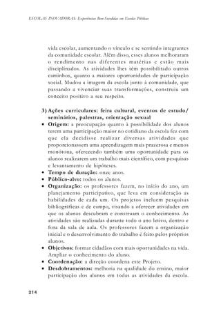 214214214214214
ESCOLAS INOVADORAS: Experiências Bem-Sucedidas em Escolas Públicas
vida escolar, aumentando o vínculo e se sentindo integrantes
da comunidade escolar. Além disso, esses alunos melhoraram
o rendimento nas diferentes matérias e estão mais
disciplinados. As atividades lhes têm possibilitado outros
caminhos, quanto a maiores oportunidades de participação
social. Mudou a imagem da escola junto à comunidade, que
passando a vivenciar suas transformações, construiu um
conceito positivo a seu respeito.
3) Ações curriculares: feira cultural, eventos de estudo/
seminários, palestras, orientação sexual
• Origem: a preocupação quanto à possibilidade dos alunos
terem uma participação maior no cotidiano da escola fez com
que ela decidisse realizar diversas atividades que
proporcionassem uma aprendizagem mais prazerosa e menos
monótona, oferecendo também uma oportunidade para os
alunos realizarem um trabalho mais científico, com pesquisas
e levantamento de hipóteses.
• Tempo de duração: onze anos.
• Público-alvo: todos os alunos.
• Organização: os professores fazem, no início do ano, um
planejamento participativo, que leva em consideração as
habilidades de cada um. Os projetos incluem pesquisas
bibliográficas e de campo, visando a oferecer atividades em
que os alunos descubram e construam o conhecimento. As
atividades são realizadas durante todo o ano letivo, dentro e
fora da sala de aula. Os professores fazem a organização
inicial e o desenvolvimento do trabalho é feito pelos próprios
alunos.
• Objetivos: formar cidadãos com mais oportunidades na vida.
Ampliar o conhecimento do aluno.
• Coordenação: a direção coordena este Projeto.
• Desdobramentos: melhoria na qualidade do ensino, maior
participação dos alunos em todas as atividades da escola.
 