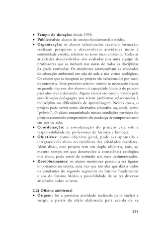251251251251251
• Tempo de duração: desde 1998.
• Público-alvo: alunos do ensino fundamental e médio.
• Organização: os alunos selecionados recebem formação,
realizam pesquisas e desenvolvem atividades junto à
comunidade escolar, relativas ao tema meio ambiente. Todas as
atividades desenvolvidas são avaliadas por uma equipe de
professores que as incluem nas notas de todas as disciplinas
da grade curricular. Os monitores acompanham as atividades
de educação ambiental em sala de aula e nas visitas ecológicas.
Os alunos que se integram ao projeto são selecionados por meio
de entrevista. Esse processo seletivo tornou-se necessário frente
ao grande interesse dos alunos e à capacidade limitada do projeto
para absorver a demanda. Alguns alunos são encaminhados pela
coordenação pedagógica por terem problemas relacionados à
indisciplina ou dificuldades de aprendizagem. Nestes casos, o
projeto pode servir como alternativa educativa ou, ainda, como
“prêmio”. O aluno encaminhado nessas condições participa do
projeto assumindo compromisso de mudança de comportamento
em sala de aula.
• Coordenação: a coordenação do projeto está sob a
responsabilidade de professores de história e biologia.
• Objetivos: como objetivo geral, pode ser apontada a
integração do aluno no cotidiano das atividades escolares.
Além disso, esse projeto tem um duplo objetivo, pois, ao
mesmo tempo em que desenvolve a consciência ecológica
nos aluno, pode servir de estímulo aos mais desinteressados.
• Desdobramentos: os alunos monitores passam a ser figuras
importantes na escola, uma vez que são eles que dão a todos
os estudantes do segundo segmento do Ensino Fundamental
e aos do Ensino Médio a possibilidade de se ter diversas
atividades sobre o tema.
2.2) Oficina ambiental
• Origem: foi a primeira atividade realizada pelo núcleo e
surgiu a partir da idéia elaborada pela escola de se
 