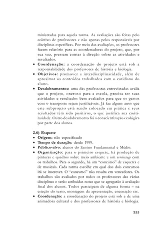 255255255255255
ministradas para aquela turma. As avaliações são feitas pelo
coletivo de professores e não apenas pelos responsáveis por
disciplinas específicas. Por meio das avaliações, os professores
fazem relatório para as coordenadoras do projeto, que, por
sua vez, prestam contas à direção sobre as atividades e
resultados.
• Coordenação: a coordenação do projeto está sob a
responsabilidade dos professores de história e biologia.
• Objetivos: promover a interdisciplinaridade, além de
aproximar os conteúdos trabalhados com o cotidiano do
aluno.
• Desdobramentos: uma das professoras entrevistadas avalia
que o projeto, oneroso para a escola, precisa ter suas
atividades e resultados bem avaliados para que os gastos
com o transporte sejam justificáveis. Já faz alguns anos que
este subprojeto está sendo colocado em prática e seus
resultados têm sido positivos, o que justifica sua conti-
nuidade. Outro desdobramento foi a conscientização ecológica
por parte dos alunos.
2.6) Esquete
• Origem: não especificado
• Tempo de duração: desde 1999.
• Público-alvo: alunos do Ensino Fundamental e Médio.
• Organização: para o primeiro esquete, há produção de
pinturas e quadros sobre meio ambiente e um vernissage com
os trabalhos. Para o segundo, há um “concurso” de esquetes e
de musicais. Cada turma escolhe em qual dos dois concursos
irá se inscrever. O “concurso” não resulta em vencedores. Os
trabalhos são avaliados por todos os professores das várias
disciplinas e serão atribuídas notas que se agregarão à avaliação
final dos alunos. Todos participam de alguma forma – na
criação do texto, montagem da apresentação, encenação etc.
• Coordenação: a coordenação do projeto está sob a de uma
animadora cultural e dos professores de história e biologia.
 