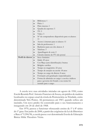 275275275275275
A escola teve suas atividades iniciadas em agosto de 1950, como
Escola Reunida Prof. Antonio Francisco de Souza, em prédios de madeira
localizados no espaço atual da rótula da Penitenciária na Trindade, então
denominada Três Pontes. Ali permaneceu até 1967, quando sofreu um
incêndio. Um novo prédio foi construído para o seu funcionamento e
inaugurado em 24 de abril de 1968.
Em 1970, passou a funcionar oferecendo ensino de 1ª à 8ª séries
do 1º grau. Em junho de 2000, a partir das exigências da Lei de Diretrizes
e Base n° 9.394/96, a escola passa a ser denominada Escola de Educação
Básica Hilda Theodoro Vieira.
 