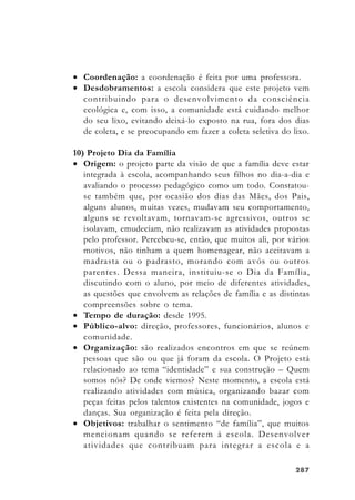 287287287287287
• Coordenação: a coordenação é feita por uma professora.
• Desdobramentos: a escola considera que este projeto vem
contribuindo para o desenvolvimento da consciência
ecológica e, com isso, a comunidade está cuidando melhor
do seu lixo, evitando deixá-lo exposto na rua, fora dos dias
de coleta, e se preocupando em fazer a coleta seletiva do lixo.
10) Projeto Dia da Família
• Origem: o projeto parte da visão de que a família deve estar
integrada à escola, acompanhando seus filhos no dia-a-dia e
avaliando o processo pedagógico como um todo. Constatou-
se também que, por ocasião dos dias das Mães, dos Pais,
alguns alunos, muitas vezes, mudavam seu comportamento,
alguns se revoltavam, tornavam-se agressivos, outros se
isolavam, emudeciam, não realizavam as atividades propostas
pelo professor. Percebeu-se, então, que muitos ali, por vários
motivos, não tinham a quem homenagear, não aceitavam a
madrasta ou o padrasto, morando com avós ou outros
parentes. Dessa maneira, instituiu-se o Dia da Família,
discutindo com o aluno, por meio de diferentes atividades,
as questões que envolvem as relações de família e as distintas
compreensões sobre o tema.
• Tempo de duração: desde 1995.
• Público-alvo: direção, professores, funcionários, alunos e
comunidade.
• Organização: são realizados encontros em que se reúnem
pessoas que são ou que já foram da escola. O Projeto está
relacionado ao tema “identidade” e sua construção – Quem
somos nós? De onde viemos? Neste momento, a escola está
realizando atividades com música, organizando bazar com
peças feitas pelos talentos existentes na comunidade, jogos e
danças. Sua organização é feita pela direção.
• Objetivos: trabalhar o sentimento “de família”, que muitos
mencionam quando se referem à escola. Desenvolver
atividades que contribuam para integrar a escola e a
 