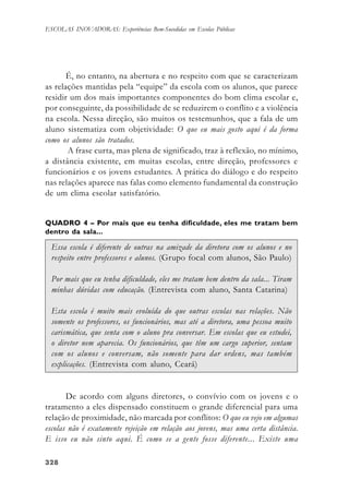 328328328328328
ESCOLAS INOVADORAS: Experiências Bem-Sucedidas em Escolas Públicas
É, no entanto, na abertura e no respeito com que se caracterizam
as relações mantidas pela “equipe” da escola com os alunos, que parece
residir um dos mais importantes componentes do bom clima escolar e,
por conseguinte, da possibilidade de se reduzirem o conflito e a violência
na escola. Nessa direção, são muitos os testemunhos, que a fala de um
aluno sistematiza com objetividade: O que eu mais gosto aqui é da forma
como os alunos são tratados.
A frase curta, mas plena de significado, traz à reflexão, no mínimo,
a distância existente, em muitas escolas, entre direção, professores e
funcionários e os jovens estudantes. A prática do diálogo e do respeito
nas relações aparece nas falas como elemento fundamental da construção
de um clima escolar satisfatório.
Essa escola é diferente de outras na amizade da diretora com os alunos e no
respeito entre professores e alunos. (Grupo focal com alunos, São Paulo)
Por mais que eu tenha dificuldade, eles me tratam bem dentro da sala... Tiram
minhas dúvidas com educação. (Entrevista com aluno, Santa Catarina)
Esta escola é muito mais evoluída do que outras escolas nas relações. Não
somente os professores, os funcionários, mas até a diretora, uma pessoa muito
carismática, que senta com o aluno pra conversar. Em escolas que eu estudei,
o diretor nem aparecia. Os funcionários, que têm um cargo superior, sentam
com os alunos e conversam, não somente para dar ordens, mas também
explicações. (Entrevista com aluno, Ceará)
QUADRO 4 – Por mais que eu tenha dificuldade, eles me tratam bem
dentro da sala...
De acordo com alguns diretores, o convívio com os jovens e o
tratamento a eles dispensado constituem o grande diferencial para uma
relação de proximidade, não marcada por conflitos: O que eu vejo em algumas
escolas não é exatamente rejeição em relação aos jovens, mas uma certa distância.
E isso eu não sinto aqui. É como se a gente fosse diferente... Existe uma
 
