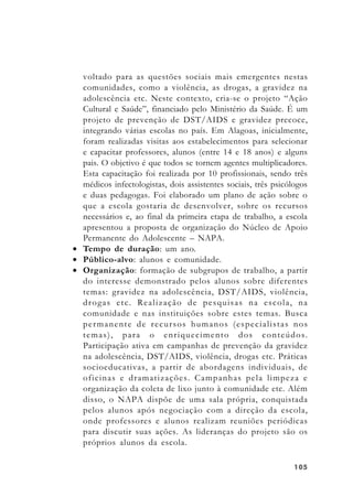 105105105105105
voltado para as questões sociais mais emergentes nestas
comunidades, como a violência, as drogas, a gravidez na
adolescência etc. Neste contexto, cria-se o projeto “Ação
Cultural e Saúde”, financiado pelo Ministério da Saúde. É um
projeto de prevenção de DST/AIDS e gravidez precoce,
integrando várias escolas no país. Em Alagoas, inicialmente,
foram realizadas visitas aos estabelecimentos para selecionar
e capacitar professores, alunos (entre 14 e 18 anos) e alguns
pais. O objetivo é que todos se tornem agentes multiplicadores.
Esta capacitação foi realizada por 10 profissionais, sendo três
médicos infectologistas, dois assistentes sociais, três psicólogos
e duas pedagogas. Foi elaborado um plano de ação sobre o
que a escola gostaria de desenvolver, sobre os recursos
necessários e, ao final da primeira etapa de trabalho, a escola
apresentou a proposta de organização do Núcleo de Apoio
Permanente do Adolescente – NAPA.
• Tempo de duração: um ano.
• Público-alvo: alunos e comunidade.
• Organização: formação de subgrupos de trabalho, a partir
do interesse demonstrado pelos alunos sobre diferentes
temas: gravidez na adolescência, DST/AIDS, violência,
drogas etc. Realização de pesquisas na escola, na
comunidade e nas instituições sobre estes temas. Busca
permanente de recursos humanos (especialistas nos
temas), para o enriquecimento dos conteúdos.
Participação ativa em campanhas de prevenção da gravidez
na adolescência, DST/AIDS, violência, drogas etc. Práticas
socioeducativas, a partir de abordagens individuais, de
oficinas e dramatizações. Campanhas pela limpeza e
organização da coleta de lixo junto à comunidade etc. Além
disso, o NAPA dispõe de uma sala própria, conquistada
pelos alunos após negociação com a direção da escola,
onde professores e alunos realizam reuniões periódicas
para discutir suas ações. As lideranças do projeto são os
próprios alunos da escola.
 
