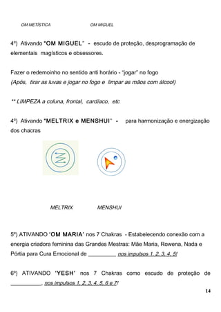 OM METÍSTICA OM MIGUEL
4º) Ativando “OM MIGUEL” - escudo de proteção, desprogramação de
elementais magísticos e obsessores.
Fazer o redemoinho no sentido anti horário - “jogar” no fogo
(Após, tirar as luvas e jogar no fogo e limpar as mãos com álcool)
** LIMPEZA a coluna, frontal, cardíaco, etc
4º) Ativando “MELTRIX e MENSHUI” - para harmonização e energização
dos chacras
MELTRIX MENSHUI
5º) ATIVANDO ‘OM MARIA’ nos 7 Chakras - Estabelecendo conexão com a
energia criadora feminina das Grandes Mestras: Mãe Maria, Rowena, Nada e
Pórtia para Cura Emocional de __________ nos impulsos 1, 2, 3, 4, 5!
6º) ATIVANDO ‘YESH’ nos 7 Chakras como escudo de proteção de
___________, nos impulsos 1, 2, 3, 4, 5, 6 e 7!
14
 
