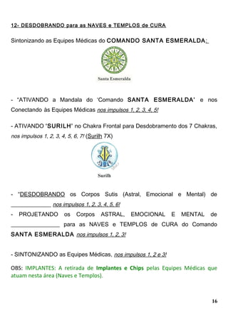 12- DESDOBRANDO para as NAVES e TEMPLOS de CURA
Sintonizando as Equipes Médicas do COMANDO SANTA ESMERALDA:
- “ATIVANDO a Mandala do ‘Comando SANTA ESMERALDA’ e nos
Conectando às Equipes Médicas nos impulsos 1, 2, 3, 4, 5!
- ATIVANDO ‘SURILH’ no Chakra Frontal para Desdobramento dos 7 Chakras,
nos impulsos 1, 2, 3, 4, 5, 6, 7! (Surilh 7X)
- “DESDOBRANDO os Corpos Sutis (Astral, Emocional e Mental) de
______________ nos impulsos 1, 2, 3, 4, 5, 6!
- PROJETANDO os Corpos ASTRAL, EMOCIONAL E MENTAL de
_________________ para as NAVES e TEMPLOS de CURA do Comando
SANTA ESMERALDA nos impulsos 1, 2, 3!
- SINTONIZANDO as Equipes Médicas, nos impulsos 1, 2 e 3!
OBS: IMPLANTES: A retirada de Implantes e Chips pelas Equipes Médicas que
atuam nesta área (Naves e Templos).
16
 