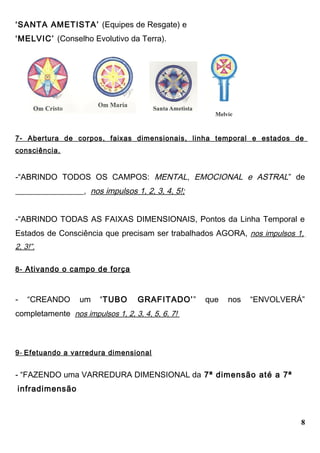 ‘SANTA AMETISTA’ (Equipes de Resgate) e
‘MELVIC’ (Conselho Evolutivo da Terra).
7- Abertura de corpos, faixas dimensionais, linha temporal e estados de
consciência.
-“ABRINDO TODOS OS CAMPOS: MENTAL, EMOCIONAL e ASTRAL” de
_________________, nos impulsos 1, 2, 3, 4, 5!;
-“ABRINDO TODAS AS FAIXAS DIMENSIONAIS, Pontos da Linha Temporal e
Estados de Consciência que precisam ser trabalhados AGORA, nos impulsos 1,
2, 3!”.
8- Ativando o campo de força
- “CREANDO um ‘TUBO GRAFITADO’” que nos “ENVOLVERÁ”
completamente nos impulsos 1, 2, 3, 4, 5, 6, 7!
9- Efetuando a varredura dimensional
- “FAZENDO uma VARREDURA DIMENSIONAL da 7ª dimensão até a 7ª
infradimensão
8
 