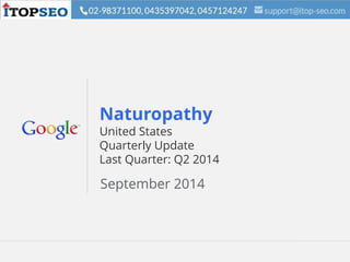 Google Confidential and Proprietary 1Google Confidential and Proprietary 1
Naturopathy
United States
Quarterly Update
Last Quarter: Q2 2014
September 2014
 
