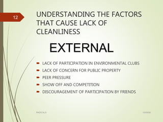 UNDERSTANDING THE FACTORS
THAT CAUSE LACK OF
CLEANLINESS
 LACK OF PARTICIPATION IN ENVIRONMENTAL CLUBS
 LACK OF CONCERN FOR PUBLIC PROPERTY
 PEER PRESSURE
 SHOW OFF AND COMPETITION
 DISCOURAGEMENT OF PARTICIPATION BY FRIENDS
15/09/08RADICALS
12
EXTERNAL
 