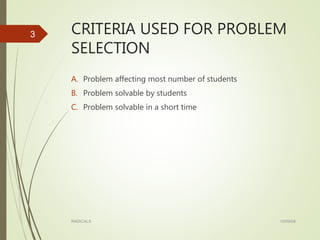 CRITERIA USED FOR PROBLEM
SELECTION
A. Problem affecting most number of students
B. Problem solvable by students
C. Problem solvable in a short time
15/09/08RADICALS
3
 