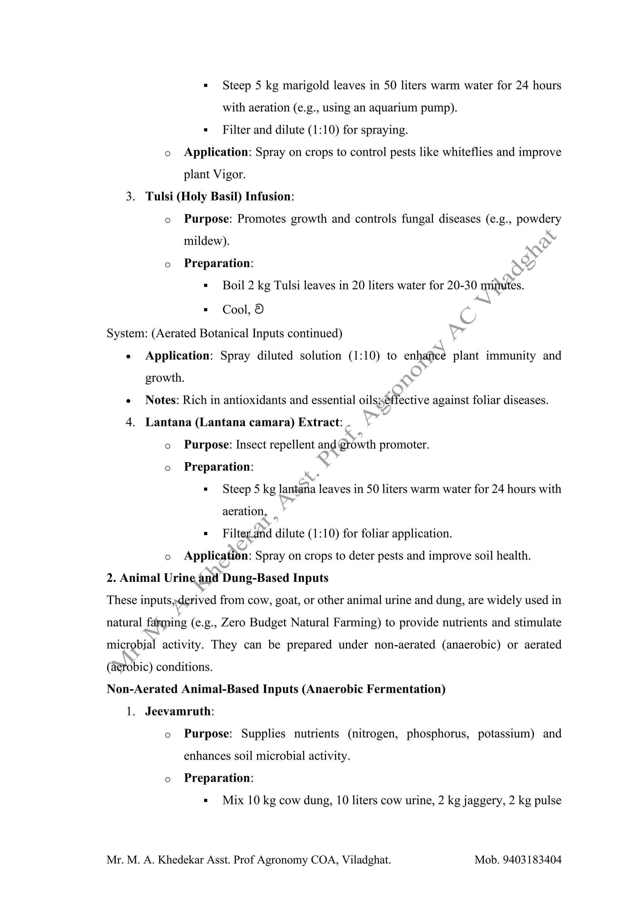 Mr. M. A. Khedekar Asst. Prof Agronomy COA, Viladghat. Mob. 9403183404
▪ Steep 5 kg marigold leaves in 50 liters warm water for 24 hours
with aeration (e.g., using an aquarium pump).
▪ Filter and dilute (1:10) for spraying.
o Application: Spray on crops to control pests like whiteflies and improve
plant Vigor.
3. Tulsi (Holy Basil) Infusion:
o Purpose: Promotes growth and controls fungal diseases (e.g., powdery
mildew).
o Preparation:
▪ Boil 2 kg Tulsi leaves in 20 liters water for 20-30 minutes.
▪ Cool, ව
System: (Aerated Botanical Inputs continued)
• Application: Spray diluted solution (1:10) to enhance plant immunity and
growth.
• Notes: Rich in antioxidants and essential oils; effective against foliar diseases.
4. Lantana (Lantana camara) Extract:
o Purpose: Insect repellent and growth promoter.
o Preparation:
▪ Steep 5 kg lantana leaves in 50 liters warm water for 24 hours with
aeration.
▪ Filter and dilute (1:10) for foliar application.
o Application: Spray on crops to deter pests and improve soil health.
2. Animal Urine and Dung-Based Inputs
These inputs, derived from cow, goat, or other animal urine and dung, are widely used in
natural farming (e.g., Zero Budget Natural Farming) to provide nutrients and stimulate
microbial activity. They can be prepared under non-aerated (anaerobic) or aerated
(aerobic) conditions.
Non-Aerated Animal-Based Inputs (Anaerobic Fermentation)
1. Jeevamruth:
o Purpose: Supplies nutrients (nitrogen, phosphorus, potassium) and
enhances soil microbial activity.
o Preparation:
▪ Mix 10 kg cow dung, 10 liters cow urine, 2 kg jaggery, 2 kg pulse
 