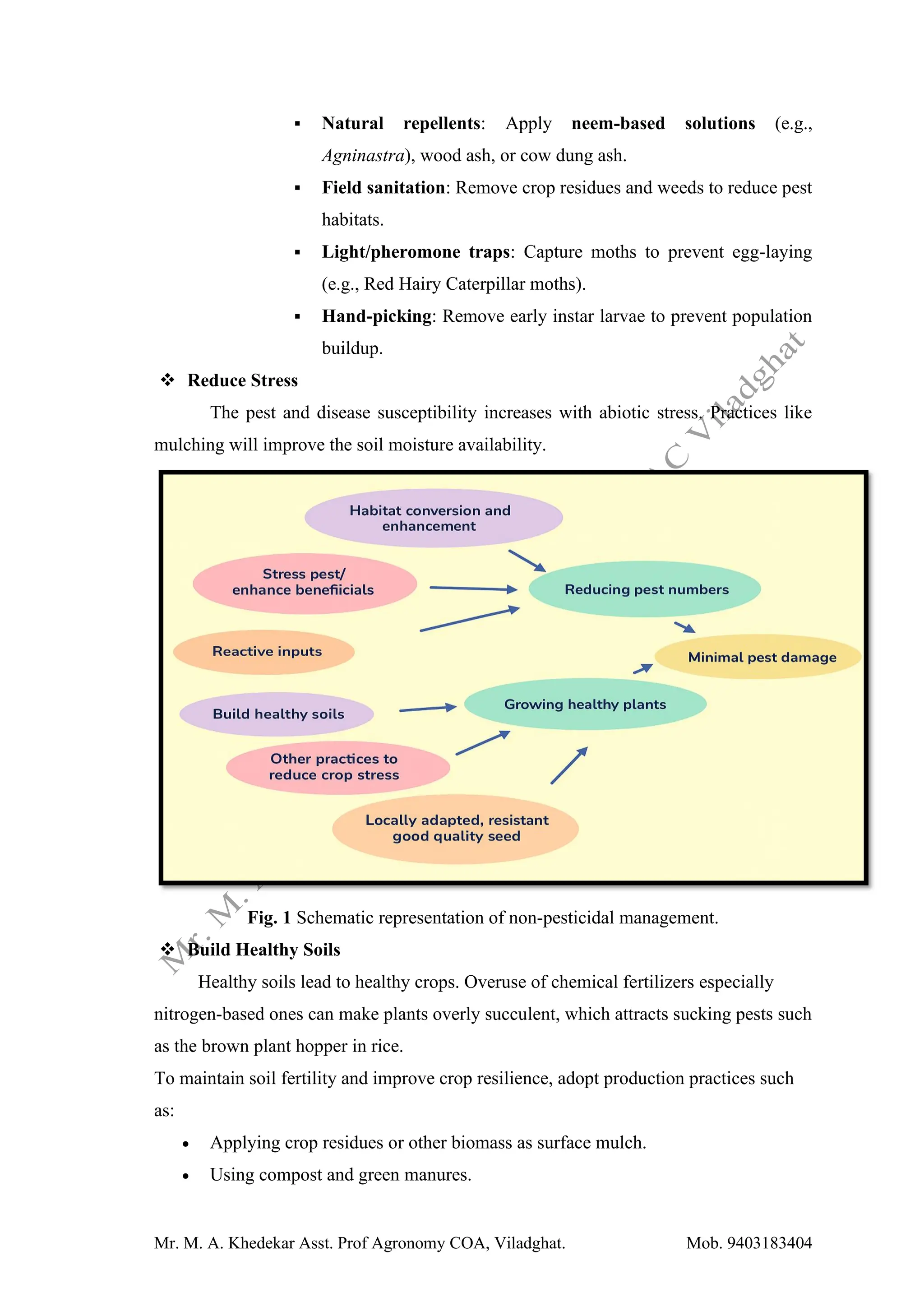 Mr. M. A. Khedekar Asst. Prof Agronomy COA, Viladghat. Mob. 9403183404
▪ Natural repellents: Apply neem-based solutions (e.g.,
Agninastra), wood ash, or cow dung ash.
▪ Field sanitation: Remove crop residues and weeds to reduce pest
habitats.
▪ Light/pheromone traps: Capture moths to prevent egg-laying
(e.g., Red Hairy Caterpillar moths).
▪ Hand-picking: Remove early instar larvae to prevent population
buildup.
❖ Reduce Stress
The pest and disease susceptibility increases with abiotic stress. Practices like
mulching will improve the soil moisture availability.
Fig. 1 Schematic representation of non-pesticidal management.
❖ Build Healthy Soils
Healthy soils lead to healthy crops. Overuse of chemical fertilizers especially
nitrogen-based ones can make plants overly succulent, which attracts sucking pests such
as the brown plant hopper in rice.
To maintain soil fertility and improve crop resilience, adopt production practices such
as:
• Applying crop residues or other biomass as surface mulch.
• Using compost and green manures.
 