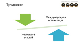 Трудности
Международная
организация
Недоверие
властей
 