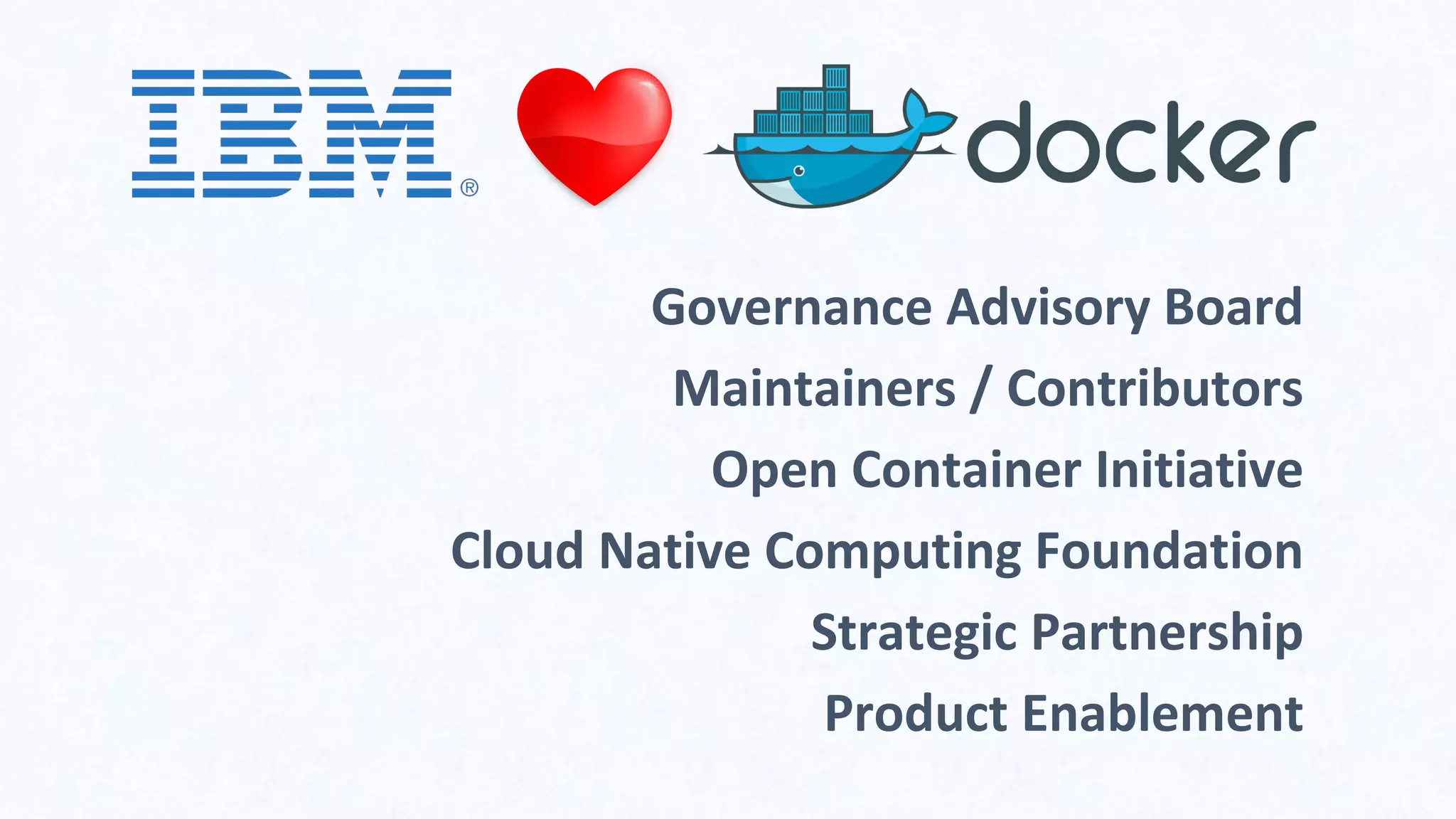 Governance Advisory Board
Maintainers / Contributors
Open Container Initiative
Cloud Native Computing Foundation
Strategic Partnership
Product Enablement
 