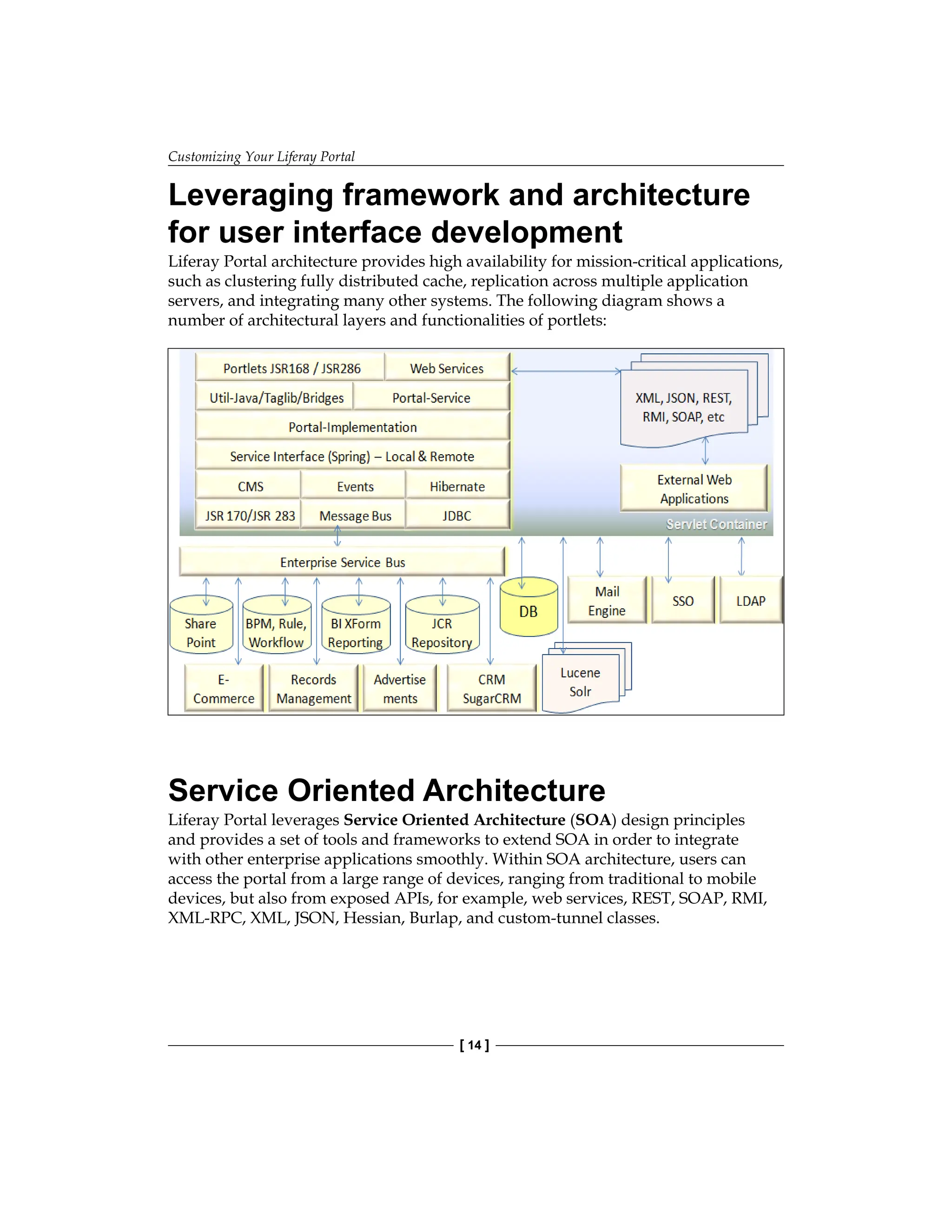 Customizing Your Liferay Portal
[ 14 ]
Leveraging framework and architecture
for user interface development
Liferay Portal architecture provides high availability for mission-critical applications,
such as clustering fully distributed cache, replication across multiple application
servers, and integrating many other systems. The following diagram shows a
number of architectural layers and functionalities of portlets:
Service Oriented Architecture
Liferay Portal leverages Service Oriented Architecture (SOA) design principles
and provides a set of tools and frameworks to extend SOA in order to integrate
with other enterprise applications smoothly. Within SOA architecture, users can
access the portal from a large range of devices, ranging from traditional to mobile
devices, but also from exposed APIs, for example, web services, REST, SOAP, RMI,
XML-RPC, XML, JSON, Hessian, Burlap, and custom-tunnel classes.
 