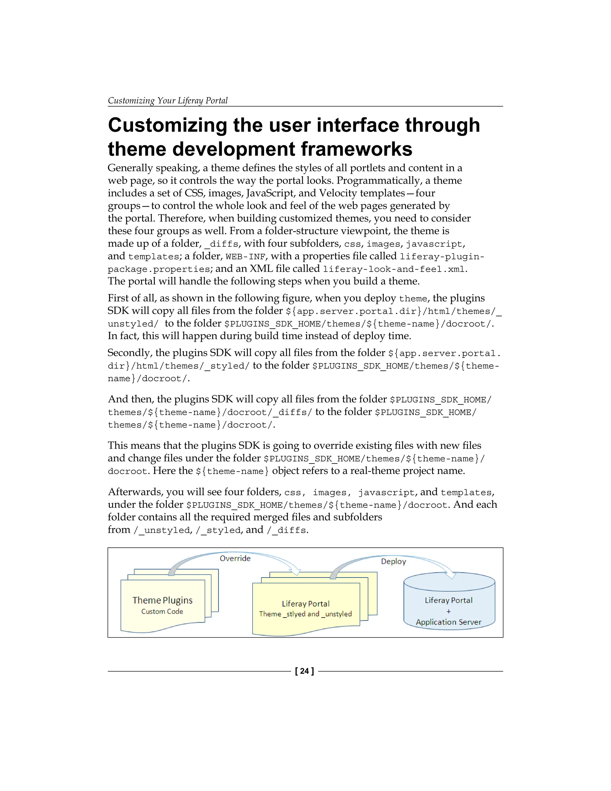 Customizing Your Liferay Portal
[ 24 ]
Customizing the user interface through
theme development frameworks
Generally speaking, a theme defines the styles of all portlets and content in a
web page, so it controls the way the portal looks. Programmatically, a theme
includes a set of CSS, images, JavaScript, and Velocity templates—four
groups—to control the whole look and feel of the web pages generated by
the portal. Therefore, when building customized themes, you need to consider
these four groups as well. From a folder-structure viewpoint, the theme is
made up of a folder, _diffs, with four subfolders, css, images, javascript,
and templates; a folder, WEB-INF, with a properties file called liferay-plugin-
package.properties; and an XML file called liferay-look-and-feel.xml.
The portal will handle the following steps when you build a theme.
First of all, as shown in the following figure, when you deploy theme, the plugins
SDK will copy all files from the folder ${app.server.portal.dir}/html/themes/_
unstyled/ to the folder $PLUGINS_SDK_HOME/themes/${theme-name}/docroot/.
In fact, this will happen during build time instead of deploy time.
Secondly, the plugins SDK will copy all files from the folder ${app.server.portal.
dir}/html/themes/_styled/ to the folder $PLUGINS_SDK_HOME/themes/${theme-
name}/docroot/.
And then, the plugins SDK will copy all files from the folder $PLUGINS_SDK_HOME/
themes/${theme-name}/docroot/_diffs/ to the folder $PLUGINS_SDK_HOME/
themes/${theme-name}/docroot/.
This means that the plugins SDK is going to override existing files with new files
and change files under the folder $PLUGINS_SDK_HOME/themes/${theme-name}/
docroot. Here the ${theme-name} object refers to a real-theme project name.
Afterwards, you will see four folders, css, images, javascript, and templates,
under the folder $PLUGINS_SDK_HOME/themes/${theme-name}/docroot. And each
folder contains all the required merged files and subfolders
from /_unstyled, /_styled, and /_diffs.
 