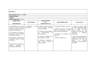 ESCOLA:
PLANO DE AULA – 2º ANO
PROFESSORA:
ARTES
CRONOGRAMA: 1 aula
OBJETIVOS
ESPECÍFICOS
CONTEÚDOS
HABILIDADES
E
COMPETÊNCIAS
PROCEDIMENTOS AVALIAÇÃO
1. Compreender que a reta é um
conjunto de pontos próximos
uns dos outros que não se pode
distinguir individualmente;
2. Compreender que quando a
linha possui uma única direção
é chamada de linha reta;
3. Desenvolver capacidades de
coordenação motora e tomada
de decisões;
4. Interagir com instrumentos e
materiais necessários à
determinadas composições.
1. Trabalhando a Linha
Reta na Arte.
1. Aprender a utilizar a linha em
diversas posições: horizontal,
vertical e inclinada;
2. Aumentar suas possibilidades
de desenvolvimento do
raciocínio lógico;
3. Aprender a trabalhar com a
linha, posições e traçados;
4. Manusear corretamente o
lápis, a régua e observar os
limites espaciais;
- Realização de traçados com régua;
- Observação de obras de pintores
famosos e identificação de linhas
retas em todas as suas posições;
- Composição de desenhos com
linhas retas.
- Pinturas com lápis de cor.
- Avaliar é um processo amplo
que envolve apreciação pessoal,
por isso todas observações
devem respeitar a livre
expressão de cada aluno sem
discriminar e estabelecer
comparações;
- O processo de avaliação não se
pautará em modelos rígidos pré-
estabelecidos, mas sim em
registro de interesse,
participação e desenvolvimento
dos alunos.
 