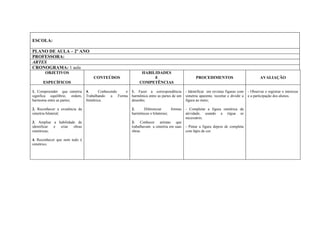 ESCOLA:

PLANO DE AULA – 2º ANO
PROFESSORA:
ARTES
CRONOGRAMA: 1 aula
       OBJETIVOS                                           HABILIDADES
                                   CONTEÚDOS                    E                             PROCEDIMENTOS                               AVALIAÇÃO
      ESPECÍFICOS                                         COMPETÊNCIAS

1. Compreender que simetria     4.     Conhecendo e   1. Fazer a correspondência        - Identificar em revistas figuras com     - Observar e registrar o interesse
significa equilíbrio, ordem,    Trabalhando a Forma   harmônica entre as partes de um   simetria aparente, recortar e dividir a   e a participação dos alunos.
harmonia entre as partes;       Simétrica.            desenho;                          figura ao meio;

2. Reconhecer a existência da                         2.     Diferenciar       formas   - Completar a figura simétrica da
simetria bilateral;                                   harmônicas e bilaterais;          atividade, usando a régua se
                                                                                        necessário;
3. Ampliar a habilidade de                            3. Conhecer artistas que
identificar e criar   obras                           trabalhavam a simetria em suas    - Pintar a figura depois de completa
simétricas;                                           obras                             com lápis de cor.

4. Reconhecer que nem tudo é
simétrico.
 