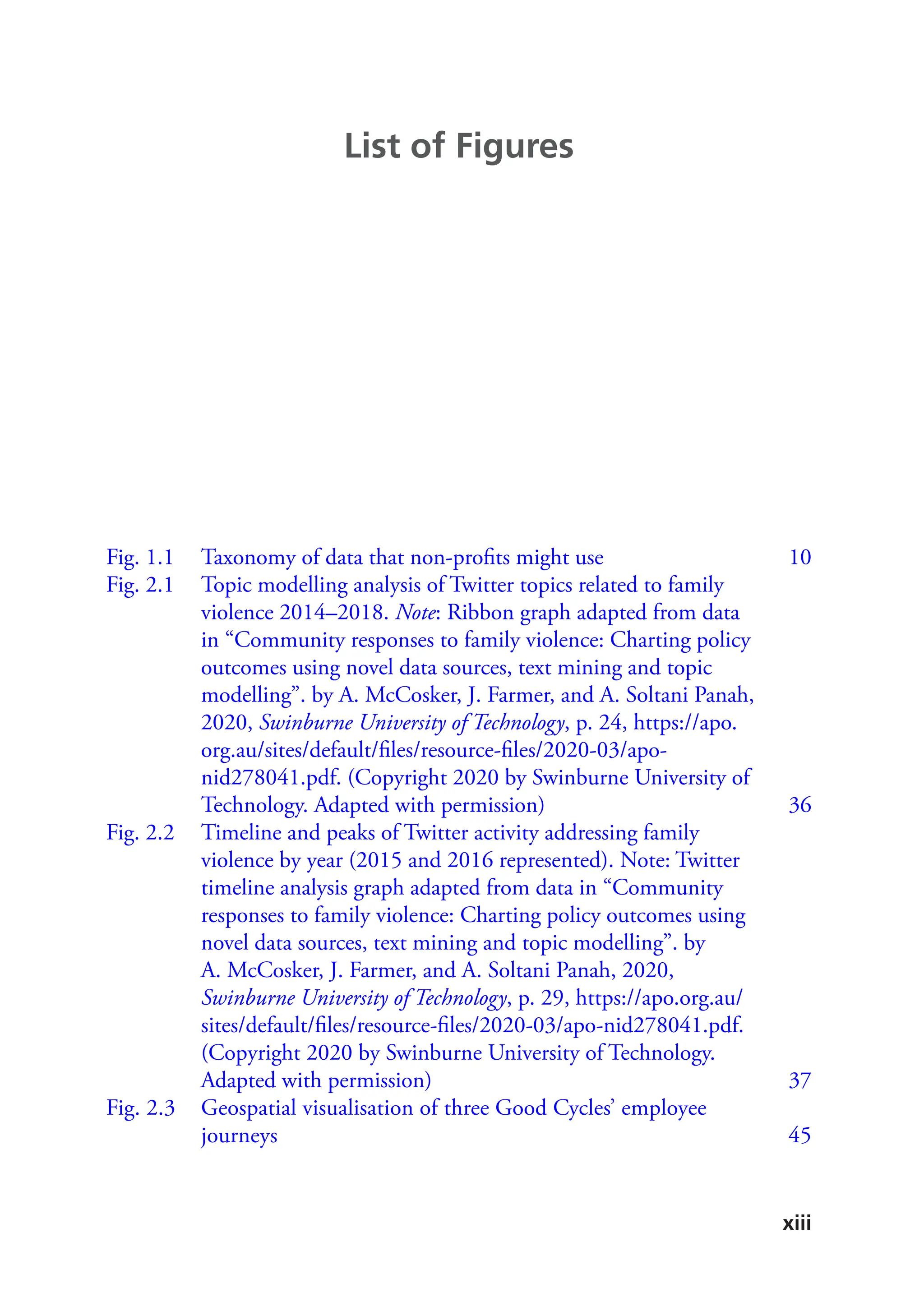 xiii
Fig. 1.1 Taxonomy of data that non-profits might use 10
Fig. 2.1 Topic modelling analysis of Twitter topics related to family
violence 2014–2018. Note: Ribbon graph adapted from data
in “Community responses to family violence: Charting policy
outcomes using novel data sources, text mining and topic
modelling”. by A. McCosker, J. Farmer, and A. Soltani Panah,
2020, Swinburne University of Technology, p. 24, https://apo.
org.au/sites/default/files/resource-­files/2020-­03/apo-­
nid278041.pdf. (Copyright 2020 by Swinburne University of
Technology. Adapted with permission) 36
Fig. 2.2 Timeline and peaks of Twitter activity addressing family
violence by year (2015 and 2016 represented). Note: Twitter
timeline analysis graph adapted from data in “Community
responses to family violence: Charting policy outcomes using
novel data sources, text mining and topic modelling”. by
A. McCosker, J. Farmer, and A. Soltani Panah, 2020,
Swinburne University of Technology, p. 29, https://apo.org.au/
sites/default/files/resource-­files/2020-­03/apo-­nid278041.pdf.
(Copyright 2020 by Swinburne University of Technology.
Adapted with permission) 37
Fig. 2.3 Geospatial visualisation of three Good Cycles’ employee
journeys45
List of Figures
 