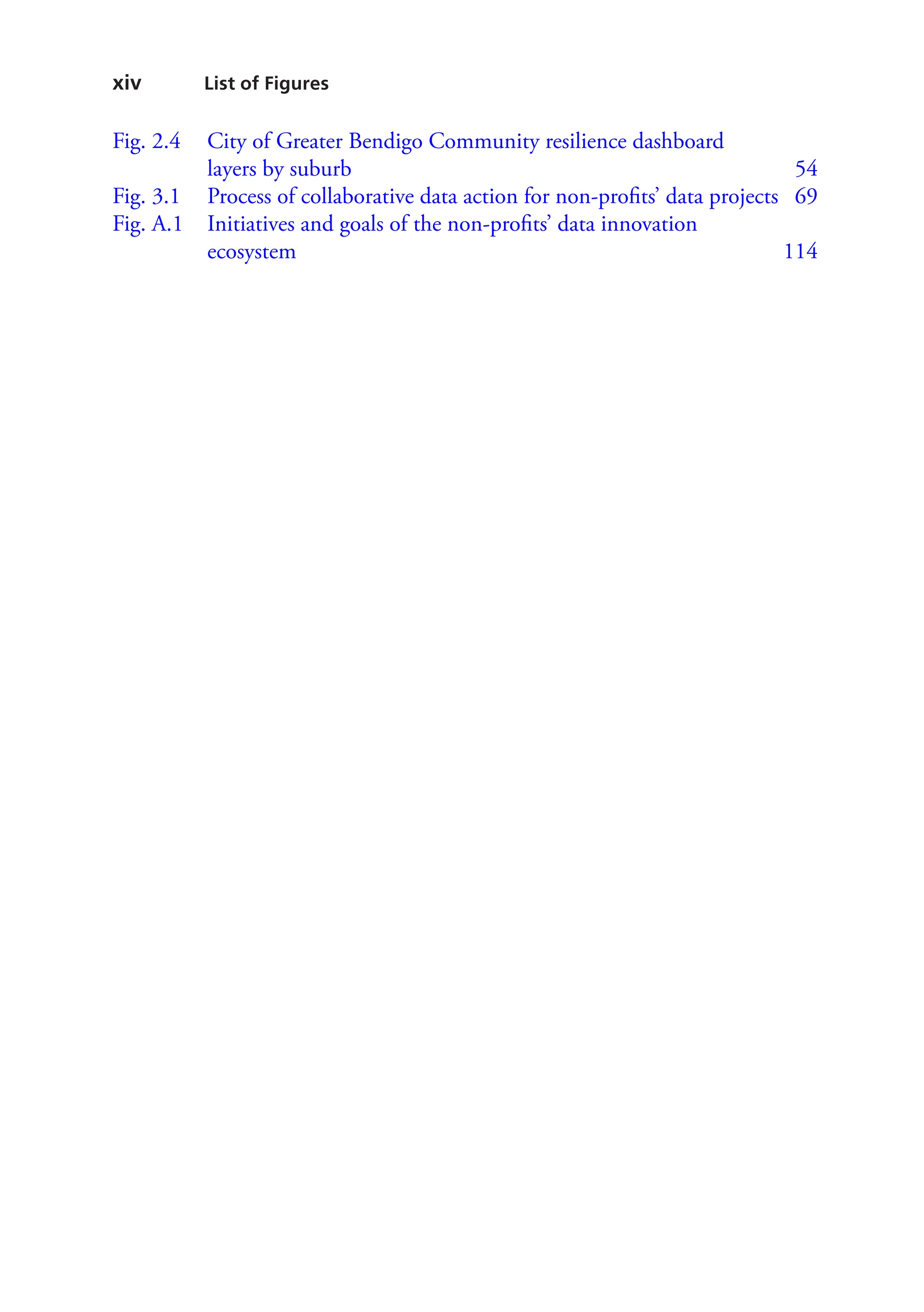 xiv List of Figures
Fig. 2.4 City of Greater Bendigo Community resilience dashboard
layers by suburb 54
Fig. 3.1 Process of collaborative data action for non-profits’ data projects 69
Fig. A.1 Initiatives and goals of the non-profits’ data innovation
ecosystem114
 