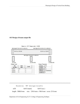 Planning & Design of Vertical Farm Building.
10.5 Design of beams output file
=====================================================================
b e a m n o. 917 d e s i g n r e s u l t s
m30 fe415 (main) fe415 (sec.)
length: 5000.0 mm size: 230.0 mm x 500.0 mm cover: 25.0 mm
Department of Civil Engineering, K.I.T’s College of Engineering, Kolhapur.
 