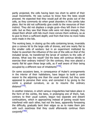 partly projected, the cells having been too short to admit of their
usual movements. He was curious to know how the bees would
proceed. He expected that they would pull all the grubs out of the
cells, as they commonly do when great disorders in the combs take
place. But he did not sufficiently give credit to the resources of their
instinct. They did not displace a single grub—they left them in their
cells: but as they saw that these cells were not deep enough, they
closed them afresh with lids much more convex them ordinary, so as
to give to them a sufficient depth; and from that time no more holes
were made in the lids.
The working bees, in closing up the cells containing larvæ, invariably
give a convex lid to the large cells of drones, and one nearly flat to
the smaller cells of workers: but in an experiment instituted by
Huber to ascertain the influence of the size of the cells on that of the
included larvæ, he transferred the larvæ of workers to the cells of
drones. What was the result? Did the bees still continue blindly to
exercise their ordinary instinct? On the contrary, they now placed a
nearly flat lid upon these large cells, as if well aware of their being
occupied by a different race of inhabitants[778].
On some occasions bees, in consequence of Huber's arrangements
in the interior of their habitations, have begun to build a comb
nearer to the adjoining one than the usual interval; but they soon
appeared to perceive their error, and corrected it by giving to the
comb a gradual curvature, so as to resume the ordinary
distance[779].
In another instance, in which various irregularities had taken place in
the form of the combs, the bees, in prolonging one of them, had,
contrary to their usual custom, begun two separate and distant
continuations, which in approaching instead of joining would have
interfered with each other, had not the bees, apparently foreseeing
the difficulty, gradually bent their edges so as to make them join
with such exactness that they could afterwards continue them
conjointly[780].
 