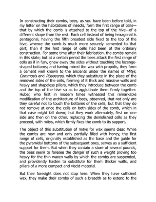 In constructing their combs, bees, as you have been before told, in
my letter on the habitations of insects, form the first range of cells—
that by which the comb is attached to the top of the hive—of a
different shape from the rest. Each cell instead of being hexagonal is
pentagonal, having the fifth broadest side fixed to the top of the
hive, whence the comb is much more securely cemented to that
part, than if the first range of cells had been of the ordinary
construction. For some time after their fabrication, the combs remain
in this state; but at a certain period the bees attack the first range of
cells as if in fury, gnaw away the sides without touching the lozenge-
shaped bottoms; and having mixed the wax with propolis, they form
a cement well known to the ancients under the names of Mitys,
Commosis and Pissoceros, which they substitute in the place of the
removed sides of the cells, forming of it thick and massive walls and
heavy and shapeless pillars, which they introduce between the comb
and the top of the hive so as to agglutinate them firmly together.
Huber, who first in modern times witnessed this remarkable
modification of the architecture of bees, observed, that not only are
they careful not to touch the bottoms of the cells, but that they do
not remove at once the cells on both sides of the comb, which in
that case might fall down; but they work alternately, first on one
side and then on the other, replacing the demolished cells as they
proceed, with mitys, which firmly fixes the comb to its support.
The object of this substitution of mitys for wax seems clear. While
the combs are new and only partially filled with honey, the first
range of cells, originally established as the base and the guide for
the pyramidal bottoms of the subsequent ones, serves as a sufficient
support for them. But when they contain a store of several pounds,
the bees seem to foresee the danger of such a weight proving too
heavy for the thin waxen walls by which the combs are suspended,
and providently hasten to substitute for them thicker walls, and
pillars of a more compact and viscid material.
But their foresight does not stop here. When they have sufficient
wax, they make their combs of such a breadth as to extend to the
 