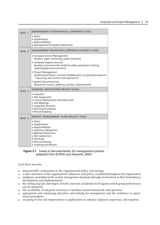 level there must be:
● demonstrable commitment to the organisational policy and strategy
● a clear statement of the organisation’s objectives and policy, circulated throughout the organisation
● employee ownership of the system management functions through involvement in their formulation,
development and implementation
● the setting of goals and targets at both corporate and project level against which group performance
can be measured
● the availability of adequate resources to facilitate system framework and operation
● appropriate and continuing education and training for management and the workforce in opera-
tional procedures
● on-going review and improvement to applications to enhance employee experience and expertise.
Corporate and Project Management ● 19
MANAGEMENT SYSTEM MANUAL (CORPORATE LEVEL)
LEVEL 1
•
•
•
•
Policy
Organisation
Responsibilities
Management Procedure References
MANAGEMENT PROCEDURES (CORPORATE & PROJECT LEVEL)
LEVEL 2
•
•
•
•
WORKING INSTRUCTIONS (PROJECT LEVEL)
LEVEL 3
•
•
•
•
•
•
•
Induction
Risk Assessment
Control Mechanisms and Supervision
Site Meetings
Inspection Routines
Working Procedures
Record Keeping
PROJECT MANAGEMENT PLANS (PROJECT LEVEL)
LEVEL 4
•
•
•
•
•
•
•
•
•
Policy
Organisation
Responsibilities
Statutory Obligations
Method Statements
Risk Assessment
Site Rules
Record Keeping
Auditing and Review
Company Service Management
(finance, legal, marketing, public relations)
Company Support Services
(quality, environmental, health & safety, personnel, training,
materials/plant procurement)
Project Management
(professional liaison, contract establishment, project planning and
resourcing, site control and supervision)
System Documentation
(document control, auditing, reviews, improvement)
Figure 2.7 Levels of documentation for management systems
(adapted from Griffith and Howarth, 2001)
 