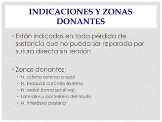 INDICACIONES Y ZONAS
DONANTES
• Están indicados en toda pérdida de
sustancia que no pueda ser reparada por
sutura directa sin tensión
• Zonas donantes:
• N. safeno externo o sural
• N. braquial cutáneo externo
• N. radial (rama sensitiva)
• Laterales y posteriores del muslo
• N. interóseo posterior
 