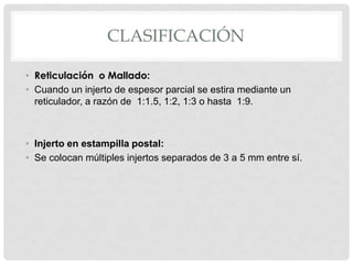 CLASIFICACIÓN
• Reticulación o Mallado:
• Cuando un injerto de espesor parcial se estira mediante un
reticulador, a razón de 1:1.5, 1:2, 1:3 o hasta 1:9.
• Injerto en estampilla postal:
• Se colocan múltiples injertos separados de 3 a 5 mm entre sí.
 