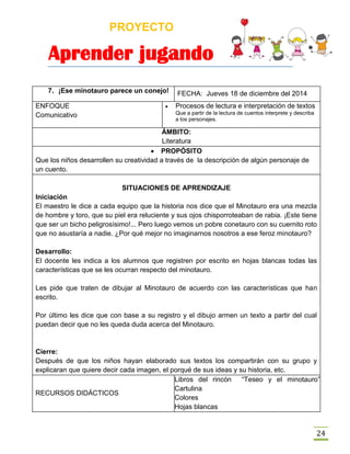 PROYECTO
Aprender jugando
24
7. ¡Ese minotauro parece un conejo! FECHA: Jueves 18 de diciembre del 2014
ENFOQUE
Comunicativo
 Procesos de lectura e interpretación de textos
Que a partir de la lectura de cuentos interprete y describa
a los personajes.
ÁMBITO:
Literatura
 PROPÓSITO
Que los niños desarrollen su creatividad a través de la descripción de algún personaje de
un cuento.
SITUACIONES DE APRENDIZAJE
Iniciación
El maestro le dice a cada equipo que la historia nos dice que el Minotauro era una mezcla
de hombre y toro, que su piel era reluciente y sus ojos chisporroteaban de rabia. ¡Este tiene
que ser un bicho peligrosísimo!... Pero luego vemos un pobre conetauro con su cuernito roto
que no asustaría a nadie. ¿Por qué mejor no imaginarnos nosotros a ese feroz minotauro?
Desarrollo:
El docente les indica a los alumnos que registren por escrito en hojas blancas todas las
características que se les ocurran respecto del minotauro.
Les pide que traten de dibujar al Minotauro de acuerdo con las características que han
escrito.
Por último les dice que con base a su registro y el dibujo armen un texto a partir del cual
puedan decir que no les queda duda acerca del Minotauro.
Cierre:
Después de que los niños hayan elaborado sus textos los compartirán con su grupo y
explicaran que quiere decir cada imagen, el porqué de sus ideas y su historia, etc.
RECURSOS DIDÁCTICOS
Libros del rincón “Teseo y el minotauro”
Cartulina
Colores
Hojas blancas
 