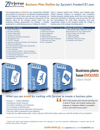 Business Plan Outline by Zpryme’s Funded101.com

Your business plan is critical for your organization. Whether     from a venture capital firm. Further, your business plan
your business is a start-up or an already recognized leader,      should motivate investors to recognize your revelation
it's the blueprint for future growth and must constantly be       (eureka moment), outlook, goals, clarify how you're going to
updated and adapted to your industry. Conversely, it’s the        spend the injection(s) in financing, and set out how this will
decisive piece of the business puzzle when you are                be advantageous for both them (investors) and your
exploring funding opportunities for funding -- whether            organization. Below is the standard outline for writing a
applying for a small business loan or looking for millions        business plan (with strategic marketing plan)1:

Business Plan Outline                             Financial Analysis | 3 - 5 years      Strategic Marketing Plan
1. Table of Contents                              1. Capital Needs                      1. Measurable Goals, Objectives and the
2. Executive Summary                              2. Break Even Analysis                Desired Impact On Your Organization.
3. Market Opportunity                             3. Income Statement                   2. Sales Process and Strategy
4. Company Overview                               4. Balance Sheet                      3. Target Audiences
5. Leadership and Mission Statement               5. Statement of Cash Flow             4. Value Proposition
6. Management Plan                                6. Sales and Revenue Projections      5. Channels, Tools and Tactics
7. S.W.O.T. Analysis                              7. Profit and Loss Goals              6. Evaluation and Control
8. Summary of Services/Products and Customers     8. Key Assumptions
9. Goals and Objectives
10. Green Initiatives (becoming a Requested
Feature in Business Plans)
11. Key Customers
12. Core Services (L.O.B's - Lines of Business)
a. Forecasted Revenues by Business Line Source
13. Performance Measures
14. Evaluation and Control Tactics
15. Appendices




What you can avoid by working with Zpryme to create a business plan:
• Number 1 - FLUFF CONTENT!
• Inadequate market research
• Unrealistic deadlines and milestones
• An inconsistent marketing plan
• Impracticable financial statements and forecasts
• Less than stellar presentation and aesthetics
                                                                          “   65% of the business plans Zpryme develops are
                                                                              a result of ‘fixing’ what another business plan
                                                                              company or freelancer failed to accomplish –
                                                                              write a rock-solid business plan!


• Lastly, fly-by-night business plan writers. Zpryme will be here today, tomorrow and the duration of your business!



1 Consult your local small business development center (www.sba.gov) if you have questions. Additionally, in special cases not all
business plan sections will apply.

                                                        LEARN MORE @ www.zpryme.com | www.funded101.com
 