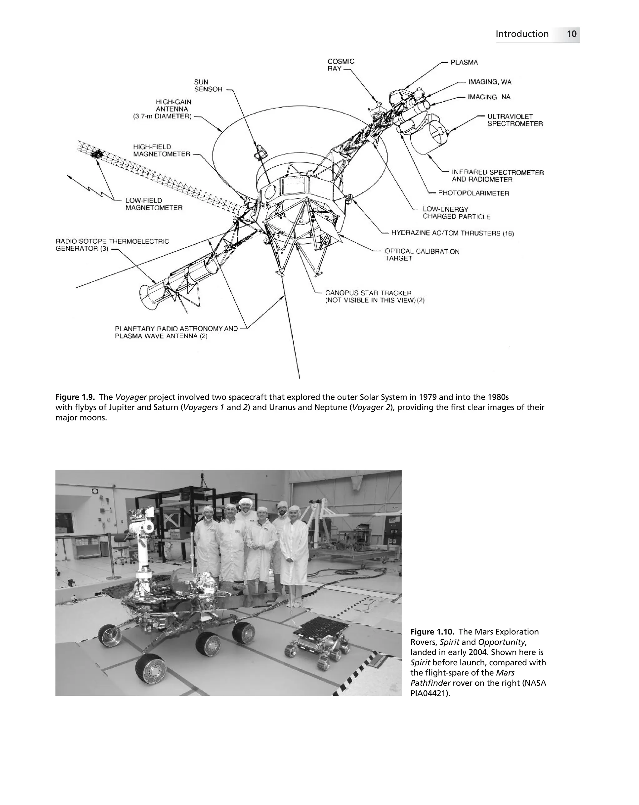 Figure 1.9. The Voyager project involved two spacecraft that explored the outer Solar System in 1979 and into the 1980s
with ﬂybys of Jupiter and Saturn (Voyagers 1 and 2) and Uranus and Neptune (Voyager 2), providing the ﬁrst clear images of their
major moons.
Figure 1.10. The Mars Exploration
Rovers, Spirit and Opportunity,
landed in early 2004. Shown here is
Spirit before launch, compared with
the ﬂight-spare of the Mars
Pathﬁnder rover on the right (NASA
PIA04421).
Introduction 10
 
