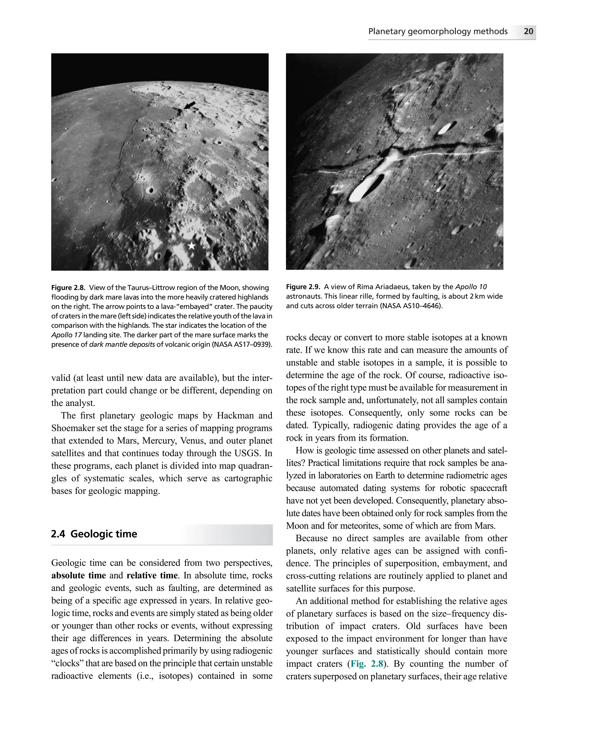 valid (at least until new data are available), but the inter-
pretation part could change or be different, depending on
the analyst.
The ﬁrst planetary geologic maps by Hackman and
Shoemaker set the stage for a series of mapping programs
that extended to Mars, Mercury, Venus, and outer planet
satellites and that continues today through the USGS. In
these programs, each planet is divided into map quadran-
gles of systematic scales, which serve as cartographic
bases for geologic mapping.
2.4 Geologic time
Geologic time can be considered from two perspectives,
absolute time and relative time. In absolute time, rocks
and geologic events, such as faulting, are determined as
being of a speciﬁc age expressed in years. In relative geo-
logic time, rocks and events are simply stated as being older
or younger than other rocks or events, without expressing
their age differences in years. Determining the absolute
ages of rocks is accomplished primarily by using radiogenic
“clocks” that are based on the principle that certain unstable
radioactive elements (i.e., isotopes) contained in some
rocks decay or convert to more stable isotopes at a known
rate. If we know this rate and can measure the amounts of
unstable and stable isotopes in a sample, it is possible to
determine the age of the rock. Of course, radioactive iso-
topes of the right type must be available for measurement in
the rock sample and, unfortunately, not all samples contain
these isotopes. Consequently, only some rocks can be
dated. Typically, radiogenic dating provides the age of a
rock in years from its formation.
How is geologic time assessed on other planets and satel-
lites? Practical limitations require that rock samples be ana-
lyzed in laboratories on Earth to determine radiometric ages
because automated dating systems for robotic spacecraft
have not yet been developed. Consequently, planetary abso-
lute dates have been obtained only for rock samples from the
Moon and for meteorites, some of which are from Mars.
Because no direct samples are available from other
planets, only relative ages can be assigned with conﬁ-
dence. The principles of superposition, embayment, and
cross-cutting relations are routinely applied to planet and
satellite surfaces for this purpose.
An additional method for establishing the relative ages
of planetary surfaces is based on the size–frequency dis-
tribution of impact craters. Old surfaces have been
exposed to the impact environment for longer than have
younger surfaces and statistically should contain more
impact craters (Fig. 2.8). By counting the number of
craters superposed on planetary surfaces, their age relative
Figure 2.8. View of the Taurus–Littrow region of the Moon, showing
ﬂooding by dark mare lavas into the more heavily cratered highlands
on the right. The arrow points to a lava-“embayed” crater. The paucity
of cratersin themare (left side)indicates the relative youth ofthelavain
comparison with the highlands. The star indicates the location of the
Apollo 17 landing site. The darker part of the mare surface marks the
presence of dark mantle deposits of volcanic origin (NASA AS17–0939).
Figure 2.9. A view of Rima Ariadaeus, taken by the Apollo 10
astronauts. This linear rille, formed by faulting, is about 2 km wide
and cuts across older terrain (NASA AS10–4646).
Planetary geomorphology methods 20
 