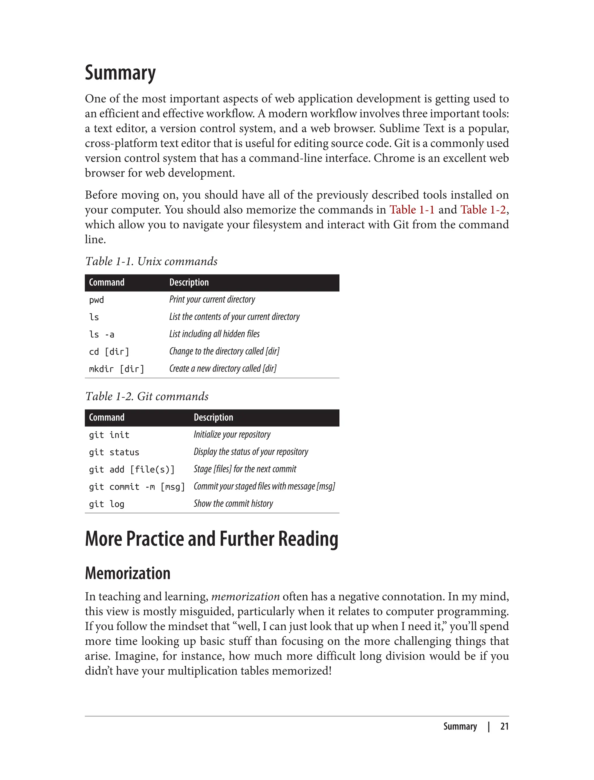 Summary
One of the most important aspects of web application development is getting used to
an efficient and effective workflow. A modern workflow involves three important tools:
a text editor, a version control system, and a web browser. Sublime Text is a popular,
cross-platform text editor that is useful for editing source code. Git is a commonly used
version control system that has a command-line interface. Chrome is an excellent web
browser for web development.
Before moving on, you should have all of the previously described tools installed on
your computer. You should also memorize the commands in Table 1-1 and Table 1-2,
which allow you to navigate your filesystem and interact with Git from the command
line.
Table 1-1. Unix commands
Command Description
pwd Print your current directory
ls List the contents of your current directory
ls -a List including all hidden files
cd [dir] Change to the directory called [dir]
mkdir [dir] Create a new directory called [dir]
Table 1-2. Git commands
Command Description
git init Initialize your repository
git status Display the status of your repository
git add [file(s)] Stage [files] for the next commit
git commit -m [msg] Commityourstagedfileswithmessage[msg]
git log Show the commit history
More Practice and Further Reading
Memorization
In teaching and learning, memorization often has a negative connotation. In my mind,
this view is mostly misguided, particularly when it relates to computer programming.
If you follow the mindset that “well, I can just look that up when I need it,” you’ll spend
more time looking up basic stuff than focusing on the more challenging things that
arise. Imagine, for instance, how much more difficult long division would be if you
didn’t have your multiplication tables memorized!
Summary | 21
 