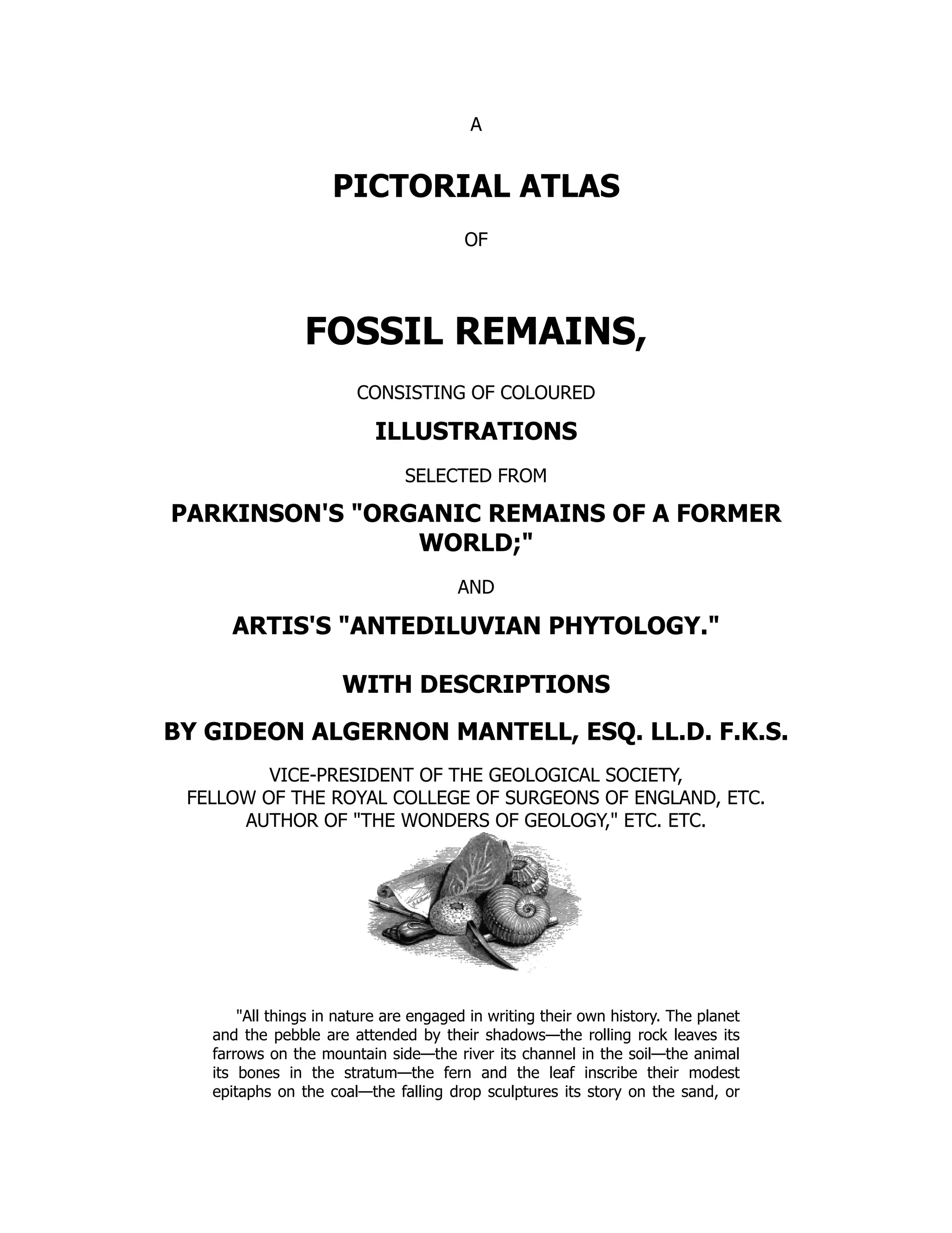 A
PICTORIAL ATLAS
OF
FOSSIL REMAINS,
CONSISTING OF COLOURED
ILLUSTRATIONS
SELECTED FROM
PARKINSON'S "ORGANIC REMAINS OF A FORMER
WORLD;"
AND
ARTIS'S "ANTEDILUVIAN PHYTOLOGY."
WITH DESCRIPTIONS
BY GIDEON ALGERNON MANTELL, ESQ. LL.D. F.K.S.
VICE-PRESIDENT OF THE GEOLOGICAL SOCIETY,
FELLOW OF THE ROYAL COLLEGE OF SURGEONS OF ENGLAND, ETC.
AUTHOR OF "THE WONDERS OF GEOLOGY," ETC. ETC.
"All things in nature are engaged in writing their own history. The planet
and the pebble are attended by their shadows—the rolling rock leaves its
farrows on the mountain side—the river its channel in the soil—the animal
its bones in the stratum—the fern and the leaf inscribe their modest
epitaphs on the coal—the falling drop sculptures its story on the sand, or
 