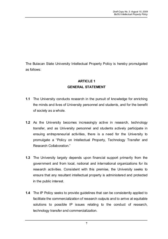 ip agreement assignment rights policy 2003 draft 03 ip 234534561 bulsu