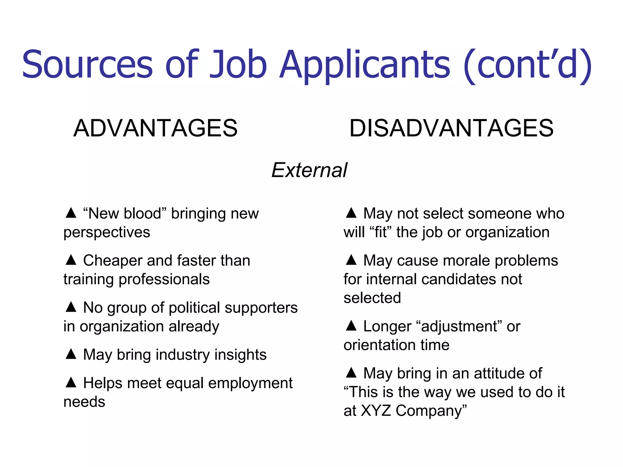 “New blood” bringing new perspectives Cheaper and faster than training professionals No group of political supporters in organization already May bring industry insights Helps meet equal employment needs May not select someone who will “fit” the job or organization May cause morale problems for internal candidates not selected Longer “adjustment” or orientation time May bring in an attitude of “This is the way we used to do it at XYZ Company” ADVANTAGES DISADVANTAGES External Sources of Job Applicants (cont’d) 