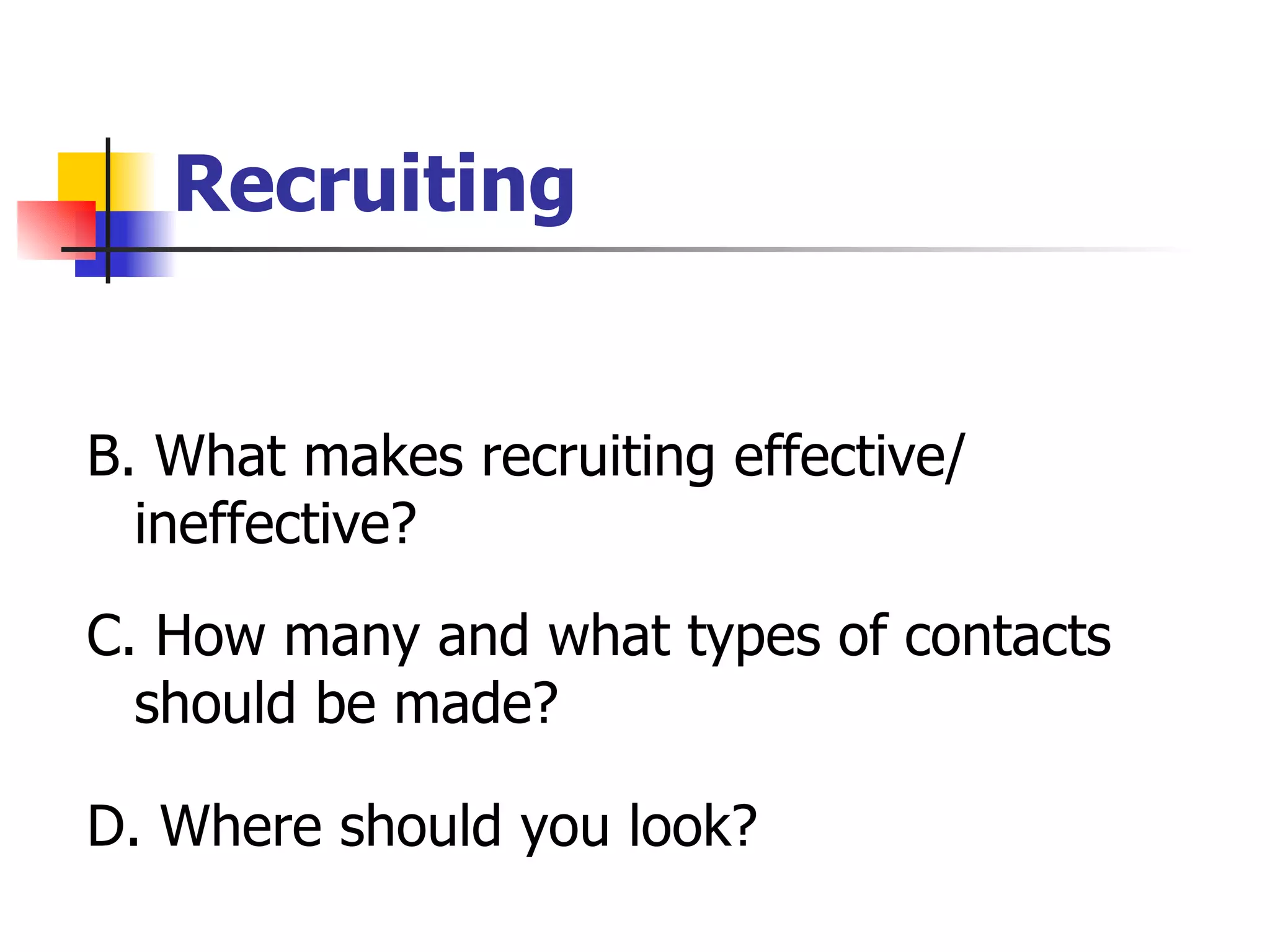 Recruiting B. What makes recruiting effective/ ineffective?   C. How many and what types of contacts should be made?  D. Where should you look?  