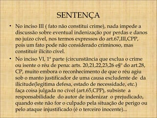 SENTENÇA
• No inciso III ( fato não constitui crime), nada impede a
discussão sobre eventual indenização por perdas e danos
no juízo cível, nos termos expressos do art.67,III,CPP,
pois um fato pode não considerado criminoso, mas
constituir ilícito cível.
• No inciso VI, 1ª parte (circunstância que exclua o crime
ou isente o réu de pena: arts. 20,21,22,23,26 e§º do art.28,
CP, muito embora o reconhecimento de que o réu agiu
sob o manto justificador de uma causa excludente de da
ilicitude(legitima defesa, estado de necessidade, etc.)
faça coisa julgada no cível (art.65,CPP), subsiste a
responsabilidade do autor de indenizar o prejudicado,
quando este não for o culpado pela situação de perigo ou
pelo ataque injustificado (é o terceiro inocente)...

 