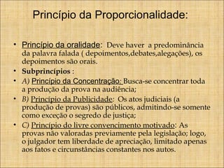 Princípio da Proporcionalidade:
• Princípio da oralidade: Deve haver a predominância
•
•
•
•

da palavra falada ( depoimentos,debates,alegações), os
depoimentos são orais.
Subprincípios :
A) Princípio da Concentração: Busca-se concentrar toda
a produção da prova na audiência;
B) Princípio da Publicidade: Os atos judiciais (a
produção de provas) são públicos, admitindo-se somente
como exceção o segredo de justiça;
C) Princípio do livre convencimento motivado: As
provas não valoradas previamente pela legislação; logo,
o julgador tem liberdade de apreciação, limitado apenas
aos fatos e circunstâncias constantes nos autos.

 