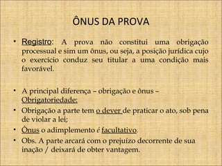 ÔNUS DA PROVA
• Registro: A prova não constitui uma obrigação
processual e sim um ônus, ou seja, a posição jurídica cujo
o exercício conduz seu titular a uma condição mais
favorável.

• A principal diferença – obrigação e ônus –
Obrigatoriedade:
• Obrigação a parte tem o dever de praticar o ato, sob pena
de violar a lei;
• Ônus o adimplemento é facultativo.
• Obs. A parte arcará com o prejuízo decorrente de sua
inação / deixará de obter vantagem.

 