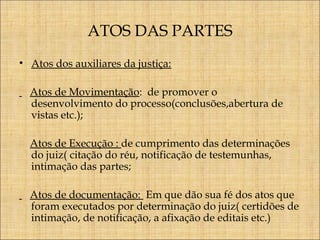 ATOS DAS PARTES
• Atos dos auxiliares da justiça:
Atos de Movimentação: de promover o
desenvolvimento do processo(conclusões,abertura de
vistas etc.);
Atos de Execução : de cumprimento das determinações
do juiz( citação do réu, notificação de testemunhas,
intimação das partes;
Atos de documentação: Em que dão sua fé dos atos que
foram executados por determinação do juiz( certidões de
intimação, de notificação, a afixação de editais etc.)

 