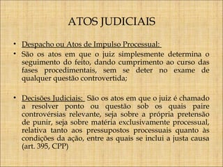 ATOS JUDICIAIS
• Despacho ou Atos de Impulso Processual:
• São os atos em que o juiz simplesmente determina o
seguimento do feito, dando cumprimento ao curso das
fases procedimentais, sem se deter no exame de
qualquer questão controvertida;
• Decisões Judiciais: São os atos em que o juiz é chamado
a resolver ponto ou questão sob os quais paire
controvérsias relevante, seja sobre a própria pretensão
de punir, seja sobre matéria exclusivamente processual,
relativa tanto aos pressupostos processuais quanto às
condições da ação, entre as quais se inclui a justa causa
(art. 395, CPP)

 