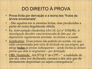 DO DIREITO À PROVA
• Prova ilícita por derivação e a teoria dos “frutos da
árvore envenenada”.
• ...São aquelas em si mesmas lícitas, mas produzidas a
partir de outra ilegalmente obtida.
• Ex. Interceptação clandestina (Art.10, Lei nº 9296/96). A
investigação descobre uma testemunha do fato que, em
depoimento regularmente prestado, incrimina o acusado.
• Justificativa: Essas provas não poderão ser aceitas, vez que,
estão contaminadas pelo vício de ilicitude em sua origem, que
atinge todas as provas subsequentes – sendo ilicítas as demais
provas que dela se originarem – por derivação.
• OBS. Nulidade: Art.573,§ 1º do CPP – “ a nulidade de
um ato, uma vez declarada, causará a dos atos que de
diretamente dependam ou sejam consequência”.

 