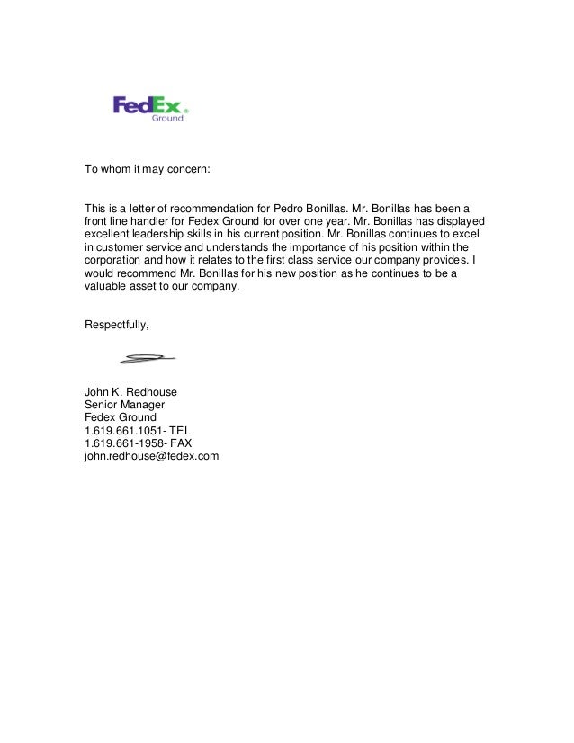 bonillas recommendation fedex fedex letter
