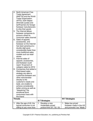 4. North American Free
Trade Agreement
(NAFTA) and the World
Trade Organization
(WTO), both helped
eliminate quotas and
tariff barriers for foreign
footwear manufacturers
to ship their goods
5. The Internet allows
footwear companies to
pursue a direct to
consumer sales channel
6. Sales of apparel,
accessories, and
footwear on the Internet
has been growing at a
double digit pace,
considerably faster than
more traditional sales
models such as retail
stores
7. Internet sales of
apparel, accessories,
and footwear could
reach 18 percent of
category sales by 2012
8. Companies that added a
Web-based sales
strategy are able to
customize footwear and
other merchandise
directly to the
customer’s needs and
taste, are enable to
achieve considerably
better pricing as well as
“deepening” the
emotional bond
consumers have with
the brand
Threats
S-T Strategies
W-T Strategies
1. After the age of 40, the
typical consumer is not
willing to pay more than
1. Develop a new
moderately priced
product line (S1, S2, S3,
1. Make low priced
footwear made in the US
and promote it as “Made
Copyright © 2011 Pearson Education, Inc. publishing as Prentice Hall.
 