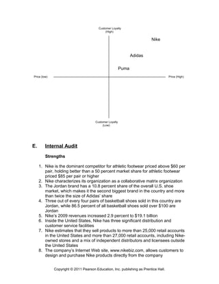 E. Internal Audit
Strengths
1. Nike is the dominant competitor for athletic footwear priced above $60 per
pair, holding better than a 50 percent market share for athletic footwear
priced $85 per pair or higher
2. Nike characterizes its organization as a collaborative matrix organization
3. The Jordan brand has a 10.8 percent share of the overall U.S. shoe
market, which makes it the second biggest brand in the country and more
than twice the size of Adidas’ share
4. Three out of every four pairs of basketball shoes sold in this country are
Jordan, while 86.5 percent of all basketball shoes sold over $100 are
Jordan
5. Nike’s 2009 revenues increased 2.9 percent to $19.1 billion
6. Inside the United States, Nike has three significant distribution and
customer service facilities
7. Nike estimates that they sell products to more than 25,000 retail accounts
in the United States and more than 27,000 retail accounts, including Nike-
owned stores and a mix of independent distributors and licensees outside
the United States
8. The company’s Internet Web site, www.nikebiz.com, allows customers to
design and purchase Nike products directly from the company
Copyright © 2011 Pearson Education, Inc. publishing as Prentice Hall.
Price (High)Price (low)
Customer Loyalty
(High)
Customer Loyalty
(Low)
Nike
Puma
Adidas
 
