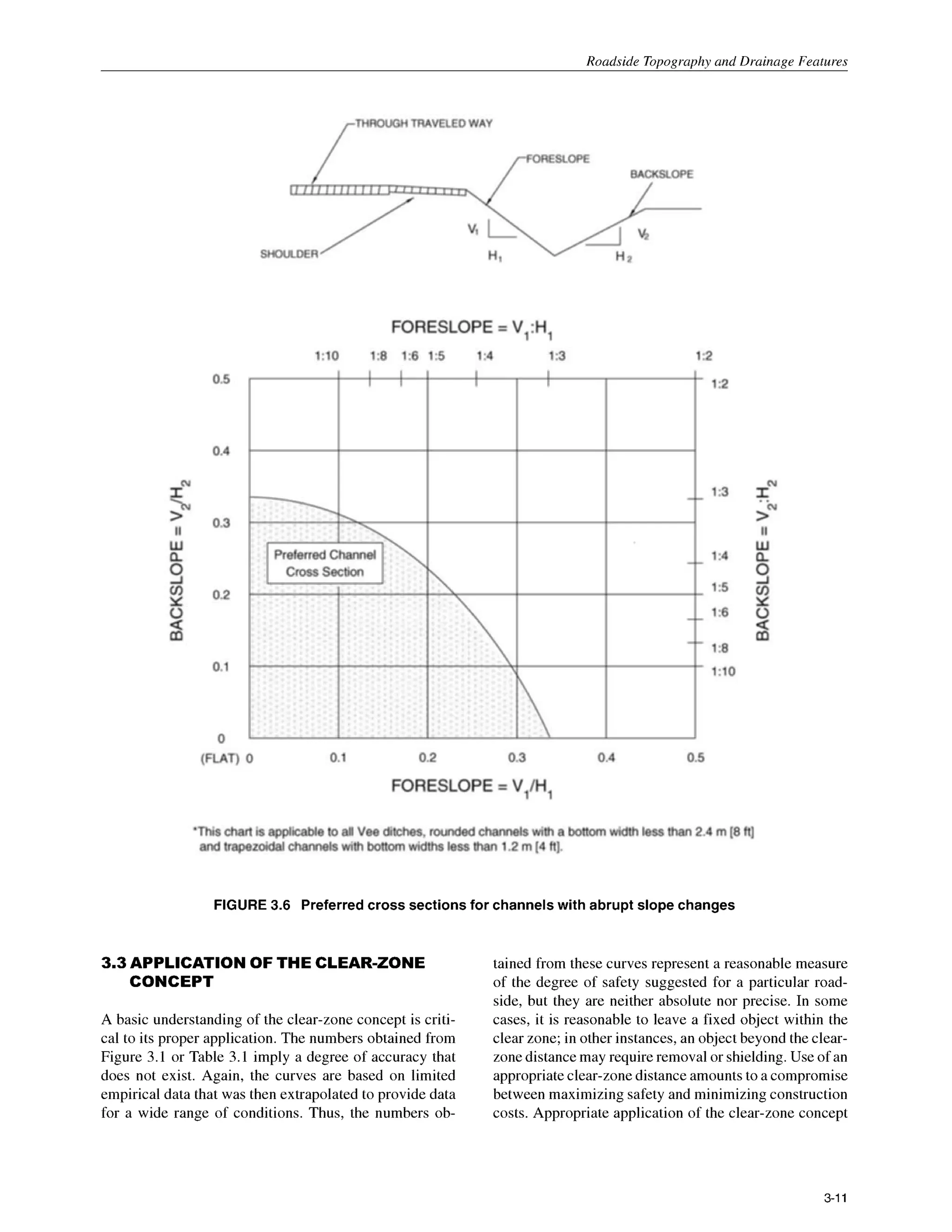 Roadside Tonoaranhv and Drainage Features
FIGURE 3.6 Preferred cross sections for channels with abrupt slope changes
3.3 APPLICATION OF THE CLEAR-ZONE
CONCEPT
A basic understanding of the clear-zone concept is criti-
cal to its proper application. The numbers obtained from
Figure 3.1 or Table 3.1 imply a degree of accuracy that
does not exist. Again, the curves are based on limited
empirical data that was then extrapolated to provide data
for a wide range of conditions. Thus, the numbers ob-
tained from these curves represent a reasonable measure
of the degree of safety suggested for a particular road-
side, but they are neither absolute nor precise. In some
cases, it is reasonable to leave a fixed object within the
clear zone; in other instances, an object beyond the clear-
zonedistance may require removal or shielding. Use of an
appropriate clear-zone distance amounts to a compromise
between maximizing safety and minimizing construction
costs. Appropriate application of the clear-zone concept
3-11
 