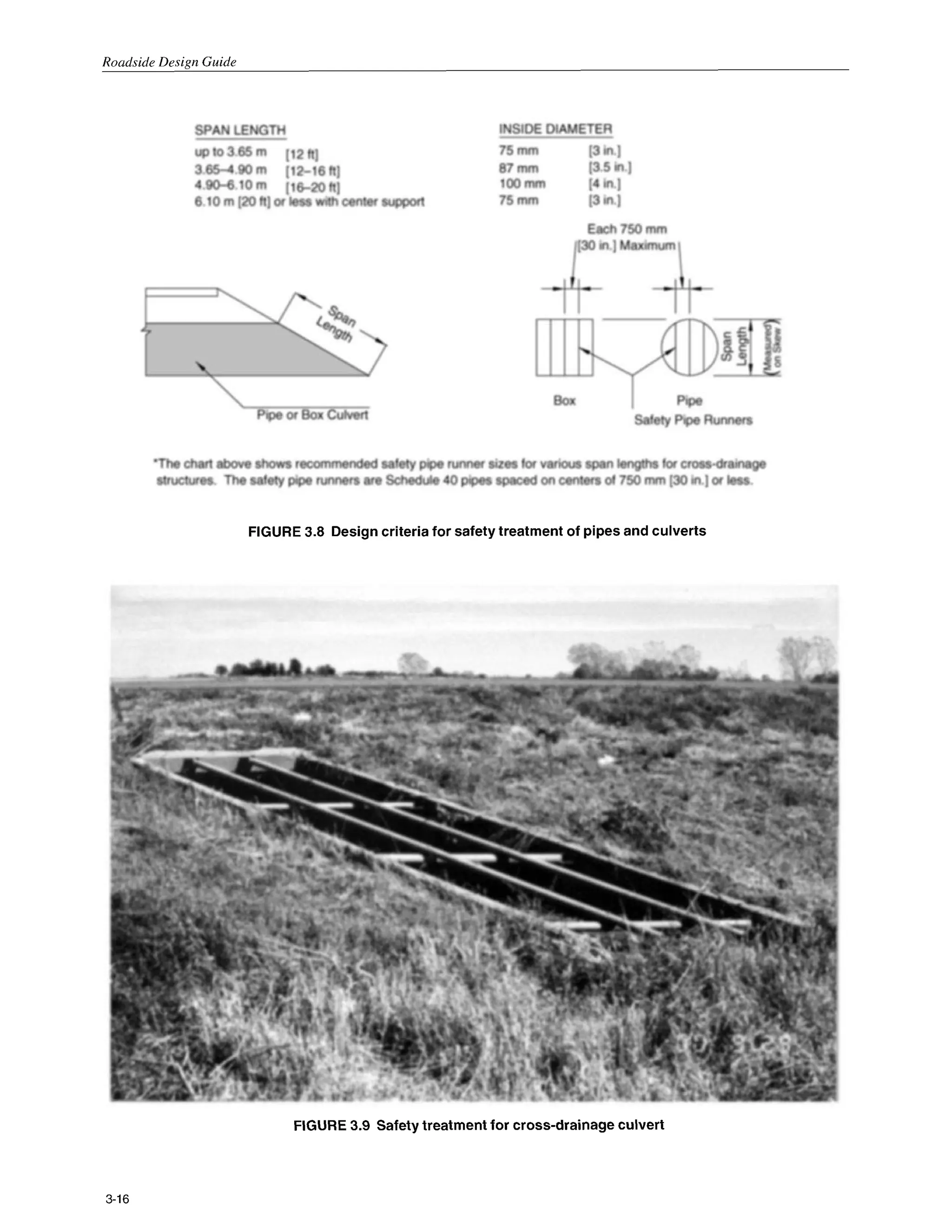 Roadside Design Guide
FIGURE 3.8 Design criteria for safety treatment of pipes and culverts
FIGURE 3.9 Safety treatment for cross-drainage culvert
3-16
 
